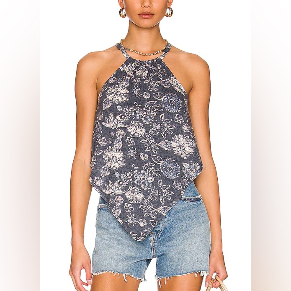 Free People Floral Halter Tank Top in Navy and White